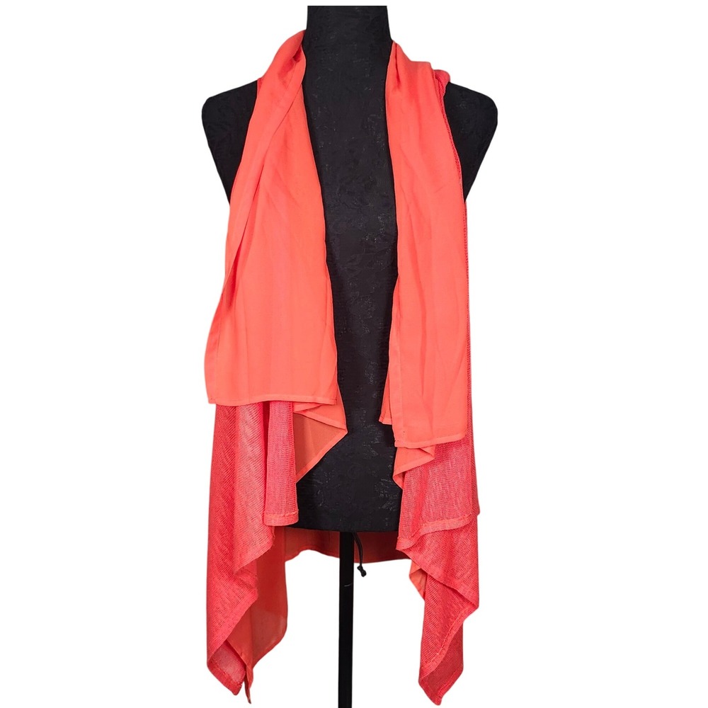 Chelsea & Theodore Coral Open Front Knit Vest Sheer Layering Sleeveless Top L